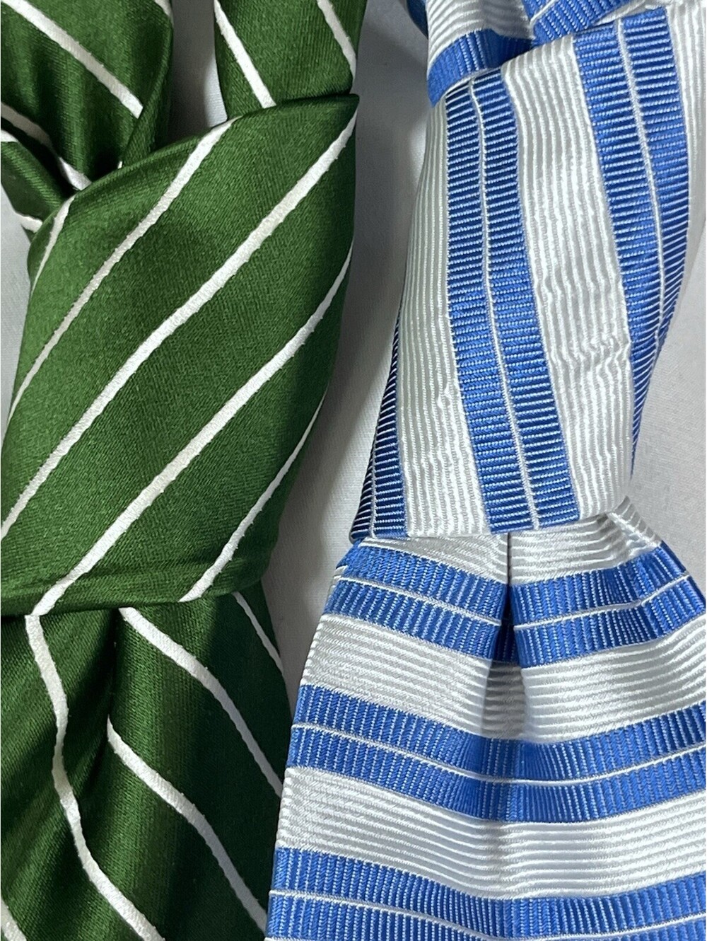 Two Paul Frederick Silk Neckties Green White Stripes & Blue & White Stripes